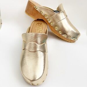 Etre Clog Gold Metallic Leather Natural Wood Base Padded Insole Italy 38 US 7